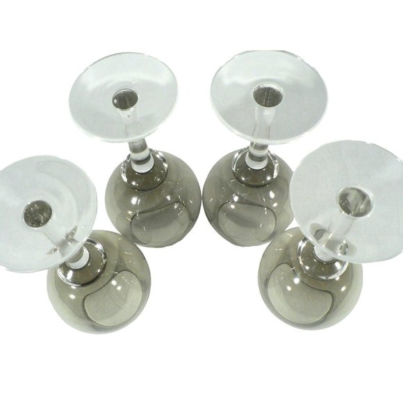 Wine Glass Goblet Smoked Gray Clear Stem Set of 4 Vintage Glassware 10" - Picture 7 of 15